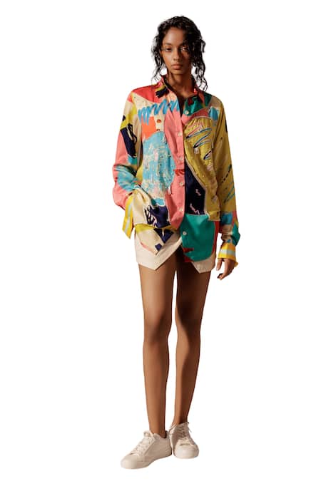 Advait_Multi Color Embroidery, Beads Collared Juno Shirt _Online_at_Aza_Fashions