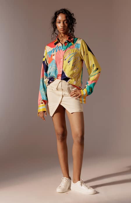 Advait_Multi Color Embroidery, Beads Collared Juno Shirt _at_Aza_Fashions