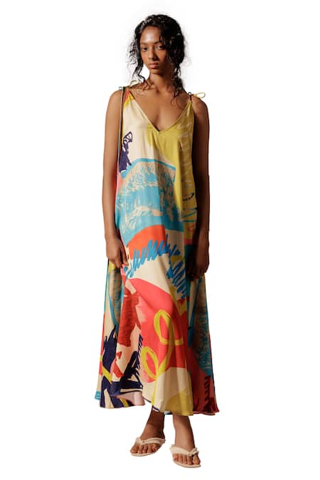 Advait_Multi Color Crepe V-neck Juno Print Maxi Dress _Online_at_Aza_Fashions