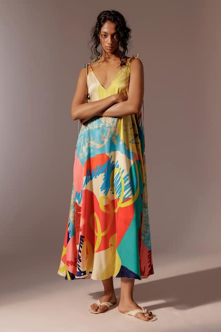 Advait_Multi Color Crepe V-neck Juno Print Maxi Dress _at_Aza_Fashions