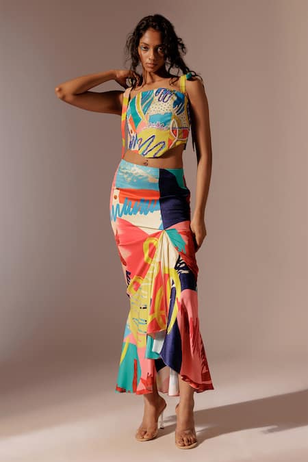 Advait Multi Color Bemberg Satin Twill Print Juno Ruffled Skirt 