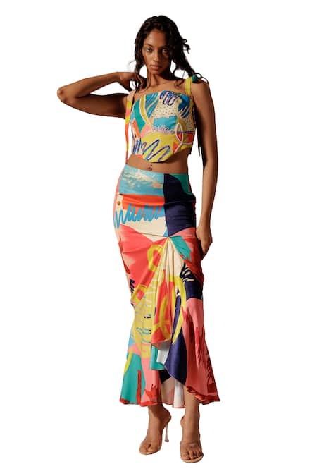 Advait_Multi Color Satin, Twill Juno Print Ruffled Skirt _Online_at_Aza_Fashions