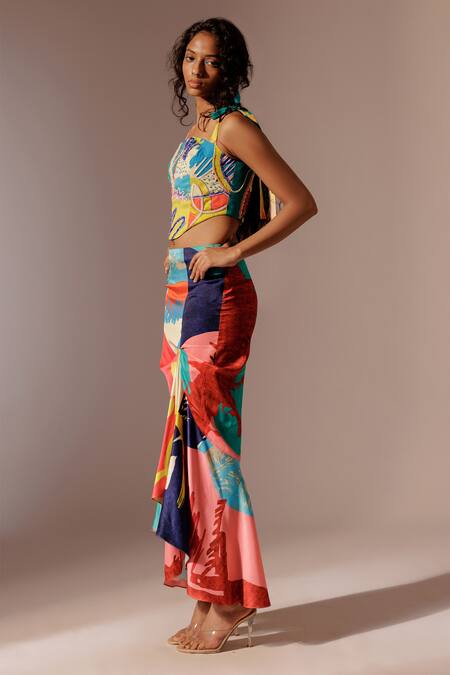 Shop_Advait_Multi Color Satin, Twill Juno Print Ruffled Skirt _Online_at_Aza_Fashions
