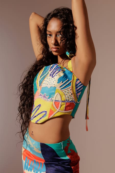 Advait_Multi Color Satin, Twill Juno Print Ruffled Skirt _at_Aza_Fashions
