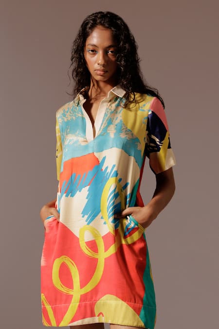 Advait_Multi Color Polo Collar Juno Print Shift Dress _Online_at_Aza_Fashions