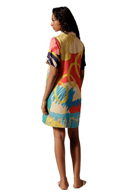 Buy_Advait_Multi Color Polo Collar Juno Print Shift Dress _Online_at_Aza_Fashions