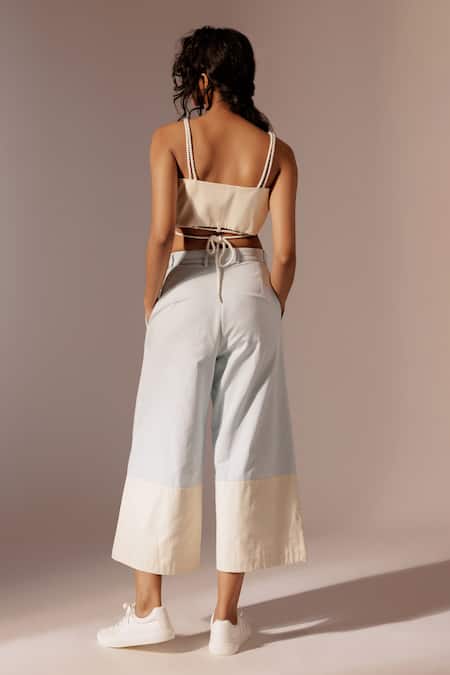 Shop_Advait_Blue Cotton Drill Plain Maia Colour Block Culottes _at_Aza_Fashions
