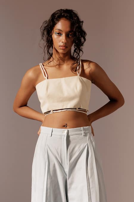 Advait_Blue Cotton Drill Plain Maia Colour Block Culottes _Online_at_Aza_Fashions