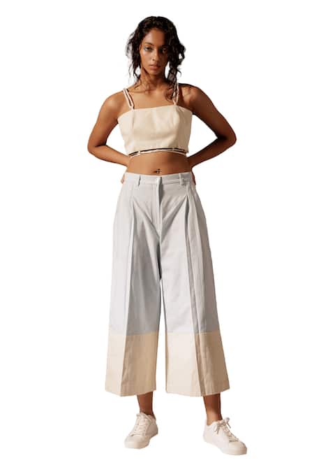 Buy_Advait_Blue Cotton Drill Plain Maia Colour Block Culottes _Online_at_Aza_Fashions