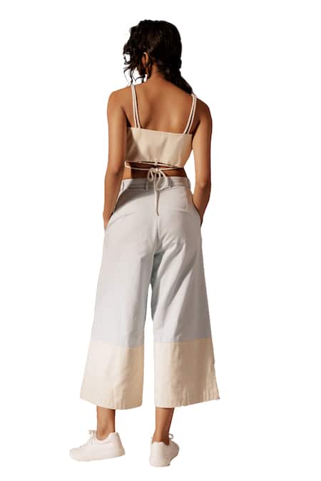 Shop_Advait_Blue Cotton Drill Plain Maia Colour Block Culottes _Online_at_Aza_Fashions