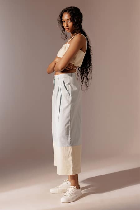 Advait_Blue Cotton Drill Plain Maia Colour Block Culottes _at_Aza_Fashions