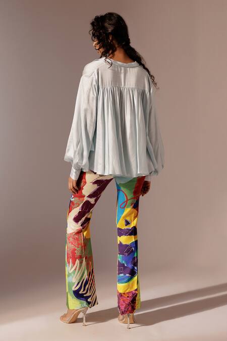 Shop_Advait_Blue Collared Maia Gathered Top _at_Aza_Fashions