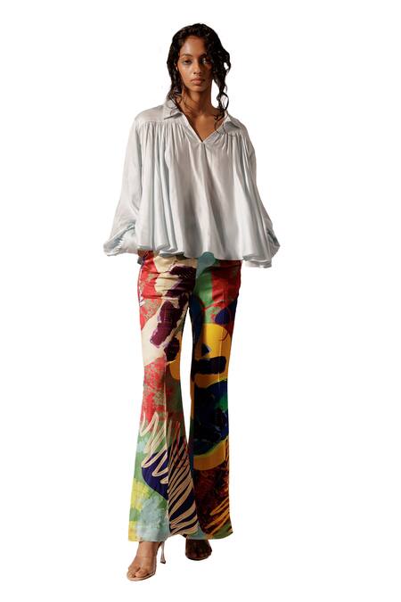 Advait_Blue Collared Maia Gathered Top _at_Aza_Fashions