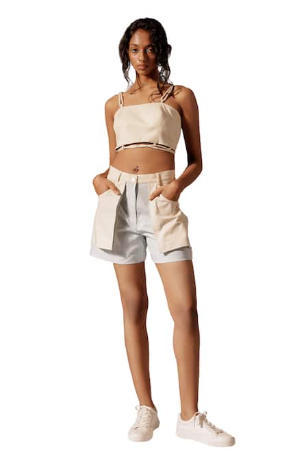 Advait_Blue Cotton Drill Plain Maia Patch Pocket Shorts_Online_at_Aza_Fashions