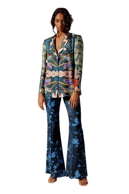 Buy_Advait_Multi Bemberg Satin Twill Print Splash Nysa Flared Trouser _Online_at_Aza_Fashions