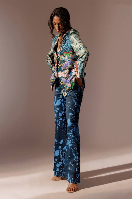 Shop_Advait_Multi Bemberg Satin Twill Print Splash Nysa Flared Trouser _Online_at_Aza_Fashions