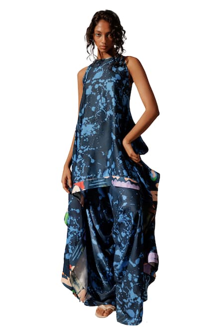 Advait_Multi Bemberg Satin Twill Print Splash Round Nysa Handkerchief Tunic _Online_at_Aza_Fashions