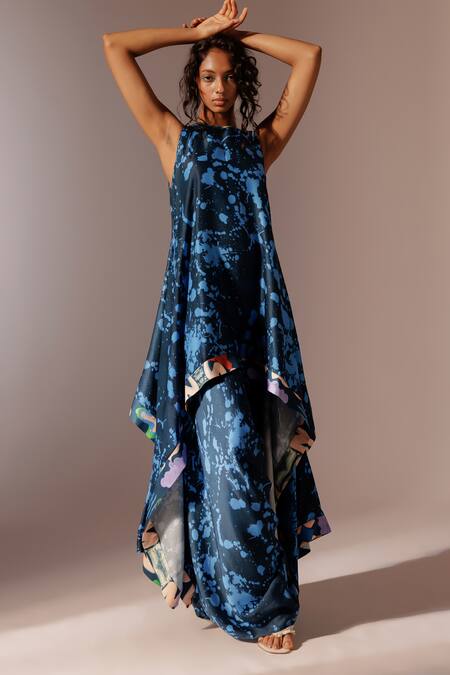 Advait_Multi Bemberg Satin Twill Print Splash Round Nysa Handkerchief Tunic _at_Aza_Fashions
