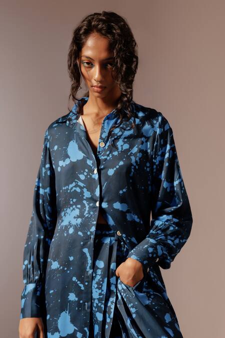 Shop_Advait_Multi Bemberg Satin Twill Print Splash Collared Nysa Long Tunic _Online_at_Aza_Fashions