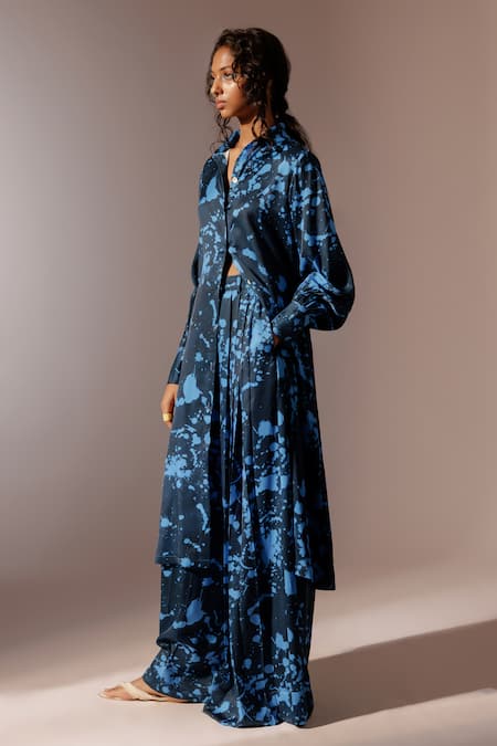 Advait_Multi Bemberg Satin Twill Print Splash Collared Nysa Long Tunic _at_Aza_Fashions