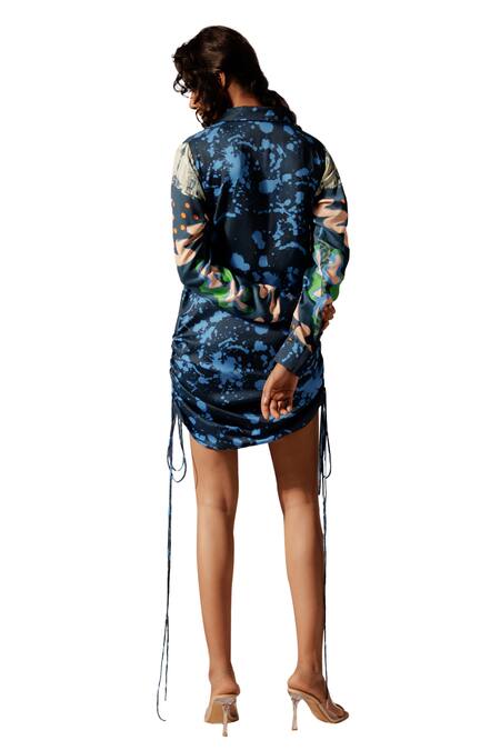 Advait_Multi Color Collared Ruched Print Dress_Online_at_Aza_Fashions