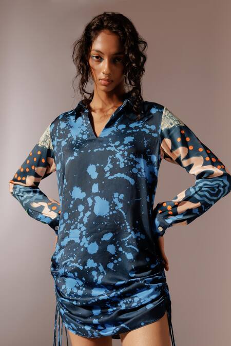 Shop_Advait_Multi Color Collared Ruched Print Dress_Online_at_Aza_Fashions