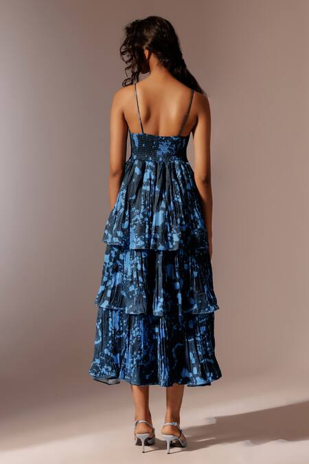 Shop_Advait_Multi Color Satin, Twill Sweetheart Neck Nysa Print Tiered Dress _at_Aza_Fashions