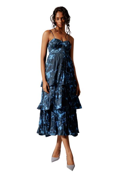 Advait_Multi Color Satin, Twill Sweetheart Neck Nysa Print Tiered Dress _Online_at_Aza_Fashions