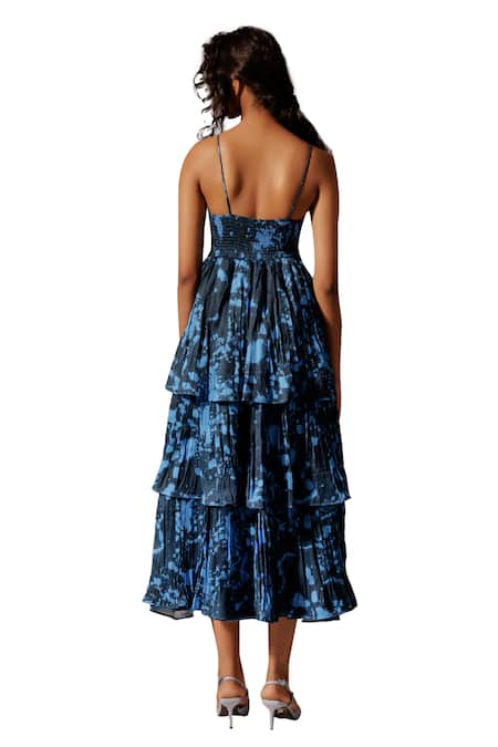 Buy_Advait_Multi Color Satin, Twill Sweetheart Neck Nysa Print Tiered Dress _Online_at_Aza_Fashions