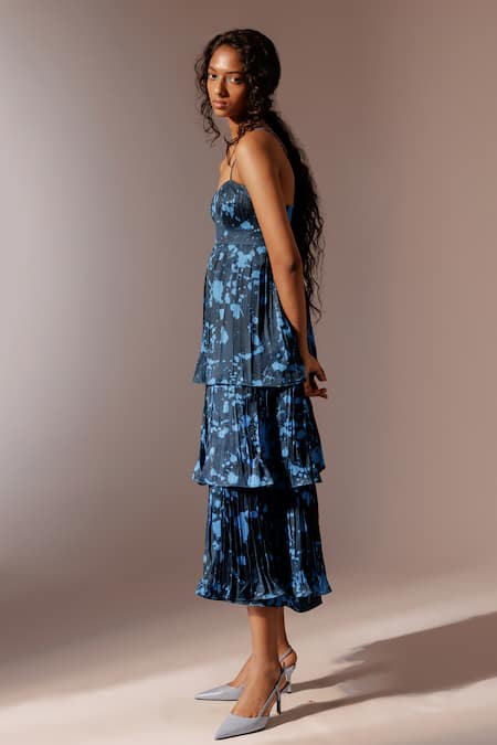 Buy_Advait_Multi Color Satin, Twill Sweetheart Neck Nysa Print Tiered Dress 