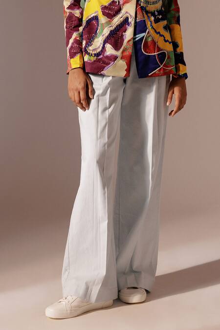 Advait_Blue Cotton Drill Plain Maia Overlap Trouser _at_Aza_Fashions
