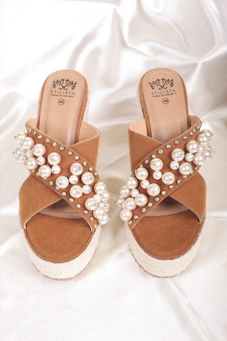 Stilista Pearl Embellished Jute Wedges 