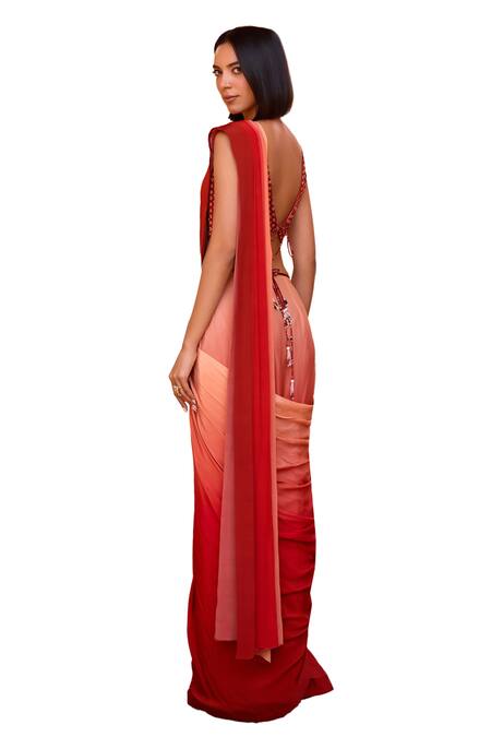 Shop_ISHA GUPTA TAYAL_Red Crepe, Georgette, Silk, Firoza Ombre Pre-stitched Saree With Printed Blouse_Online_at_Aza_Fashions