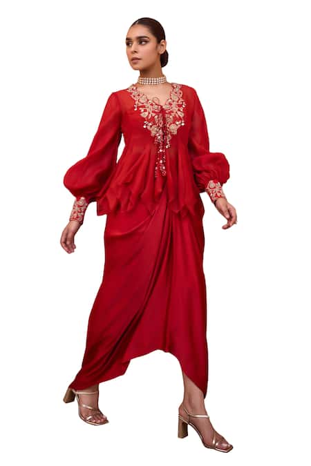 Buy_ISHA GUPTA TAYAL_Red Organza, Satin, Crepe Embroidery V-neck Shabnami Top Skirt Set 
