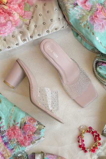 Coral Haze_Peach Rhinestones Kimi Embellished Block Heel Sandals_Online_at_Aza_Fashions