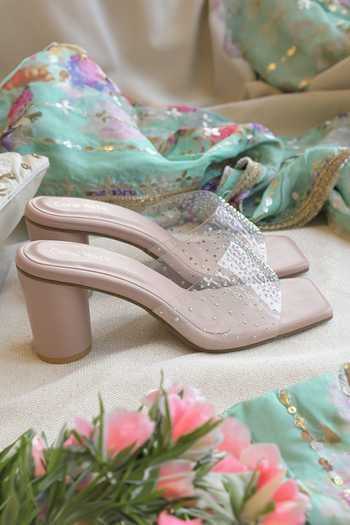 Buy_Coral Haze_Peach Rhinestones Kimi Embellished Block Heel Sandals_Online_at_Aza_Fashions