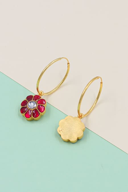 Sangeeta Boochra Red Stones Floral Drop Hoops Online at Aza Fashions Sangeeta Boochra_Red Stones Floral Drop Hoops _Online_at_Aza_Fashions