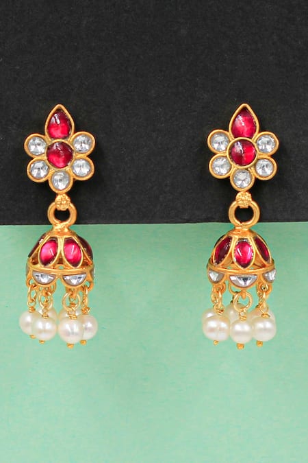 Sangeeta Boochra Red Kundan Stone Embellished Pearl Drop Jhumkas