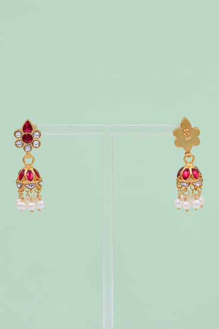 Sangeeta Boochra_Red Kundan Stone Embellished Pearl Drop Jhumkas _Online_at_Aza_Fashions