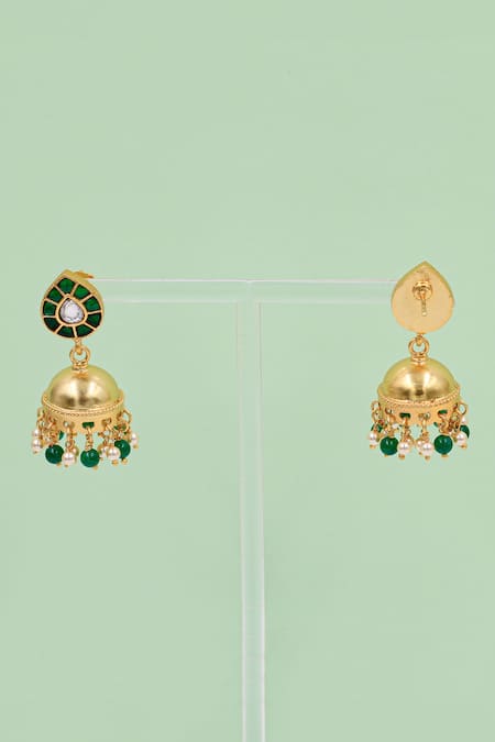 Sangeeta Boochra Green Stone Embellished Jhumkas Online at Aza Fashions Sangeeta Boochra_Green Stone Embellished Jhumkas _Online_at_Aza_Fashions