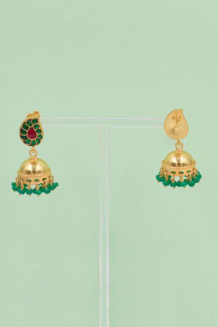 Sangeeta Boochra Green Stone Embellished Pearl Drop Jhumka Earrings Online at Aza Fashions Sangeeta Boochra_Green Stone Embellished Pearl Drop Jhumka Earrings _Online_at_Aza_Fashions