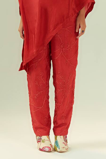 Coeur Red Natural Crepe Embroidery Corded Hanna Akari Print Off Kaftan Top With Pant Online at Aza Fashions Coeur_Red Natural Crepe Embroidery Corded Hanna Akari Print Off Kaftan Top With Pant _Online_at_Aza_Fashions