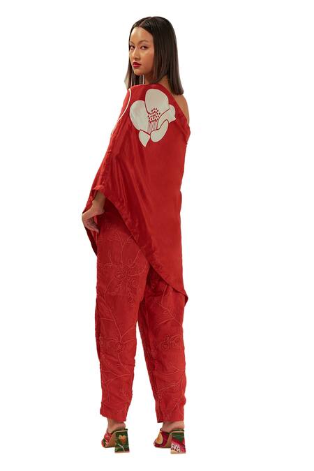 Buy Coeur Red Natural Crepe Embroidery Corded Hanna Akari Print Off Kaftan Top With Pant Buy_Coeur_Red Natural Crepe Embroidery Corded Hanna Akari Print Off Kaftan Top With Pant