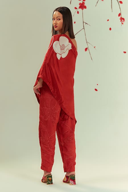 Shop Coeur Red Natural Crepe Embroidery Corded Hanna Akari Print Off Kaftan Top With Pant at Aza Fashions Shop_Coeur_Red Natural Crepe Embroidery Corded Hanna Akari Print Off Kaftan Top With Pant _at_Aza_Fashions