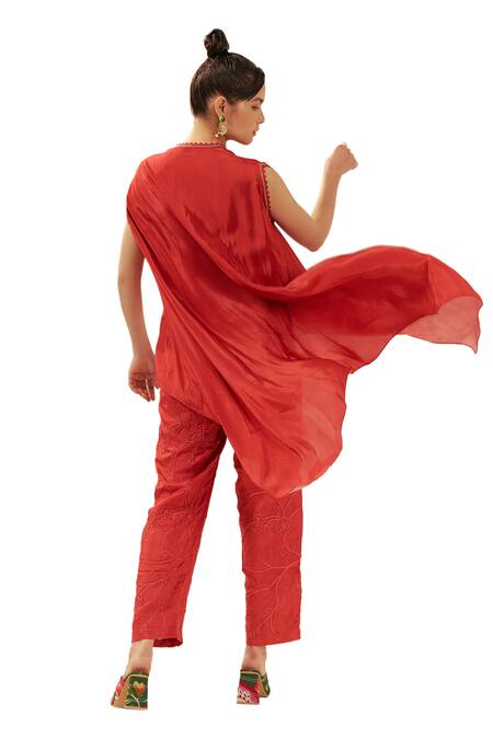 Coeur Red Natural Crepe Embroidery Corded Hanna Akari Print Shawl Draped Top With Pant Online at Aza Fashions Coeur_Red Natural Crepe Embroidery Corded Hanna Akari Print Shawl Draped Top With Pant _Online_at_Aza_Fashions