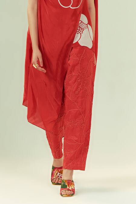 Buy Coeur Red Natural Crepe Embroidery Corded Hanna Akari Print Shawl Draped Top With Pant Online at Aza Fashions Buy_Coeur_Red Natural Crepe Embroidery Corded Hanna Akari Print Shawl Draped Top With Pant _Online_at_Aza_Fashions