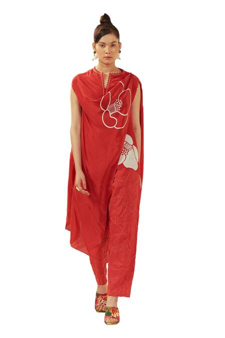 Shop Coeur Red Natural Crepe Embroidery Corded Hanna Akari Print Shawl Draped Top With Pant Online at Aza Fashions Shop_Coeur_Red Natural Crepe Embroidery Corded Hanna Akari Print Shawl Draped Top With Pant _Online_at_Aza_Fashions