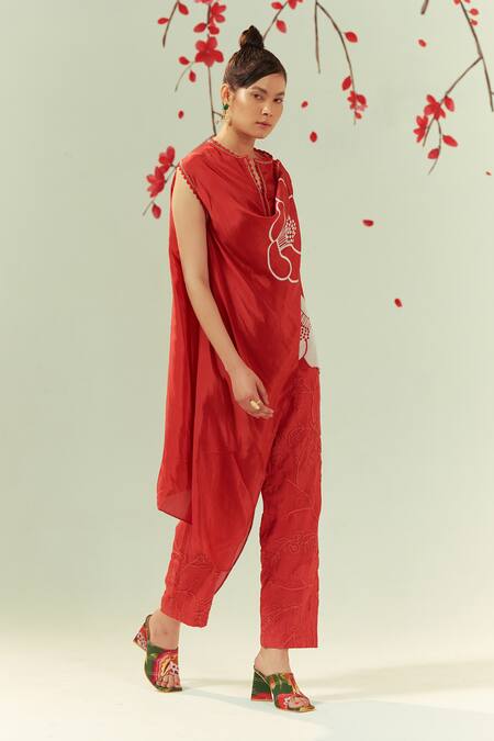 Coeur Red Natural Crepe Embroidery Corded Hanna Akari Print Shawl Draped Top With Pant at Aza Fashions Coeur_Red Natural Crepe Embroidery Corded Hanna Akari Print Shawl Draped Top With Pant _at_Aza_Fashions