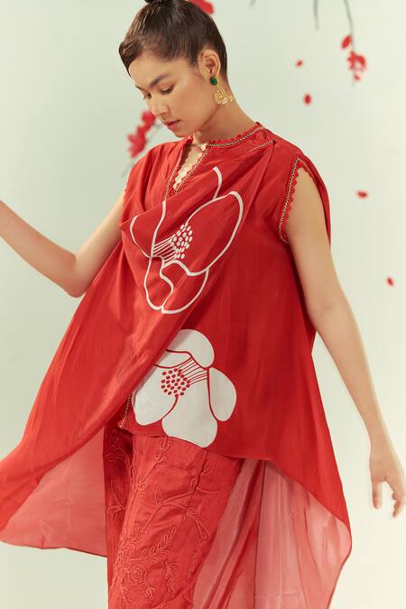 Buy Coeur Red Natural Crepe Embroidery Corded Hanna Akari Print Shawl Draped Top With Pant Buy_Coeur_Red Natural Crepe Embroidery Corded Hanna Akari Print Shawl Draped Top With Pant