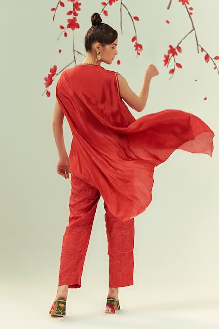 Shop Coeur Red Natural Crepe Embroidery Corded Hanna Akari Print Shawl Draped Top With Pant at Aza Fashions Shop_Coeur_Red Natural Crepe Embroidery Corded Hanna Akari Print Shawl Draped Top With Pant _at_Aza_Fashions